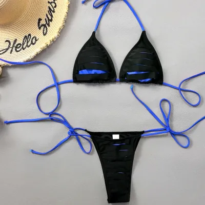 Women Fashion Sexy Color Block Hollow Lace-Up Bikini Swimsuit