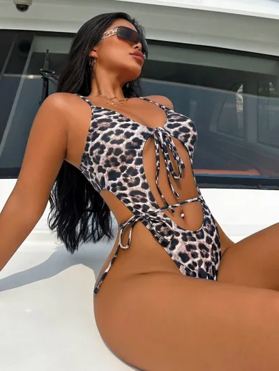 Women Fashion Sexy Leopard Lace-Up One-Piece Swimsuit