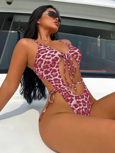 Women Fashion Sexy Leopard Lace-Up One-Piece Swimsuit