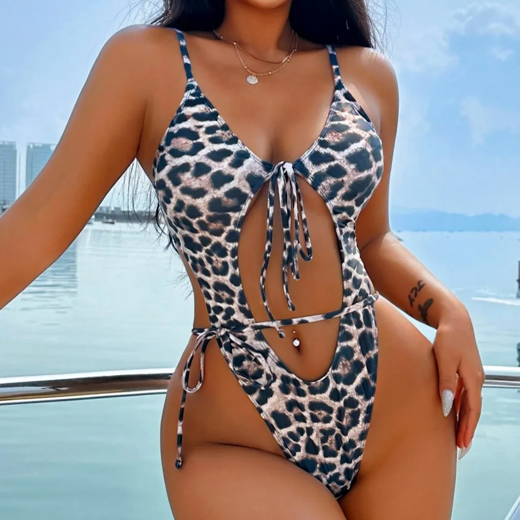 Women Fashion Sexy Leopard Lace-Up One-Piece Swimsuit