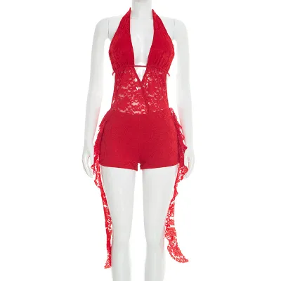 Women Fashion Sexy Summer Solid Color Lace Halter-Neck Backless Slim-Fit Ruffled Rompers