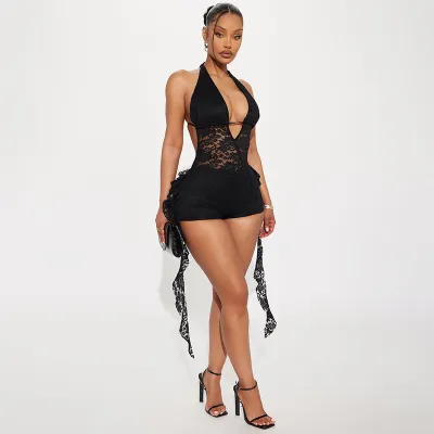Women Fashion Sexy Summer Solid Color Lace Halter-Neck Backless Slim-Fit Ruffled Rompers
