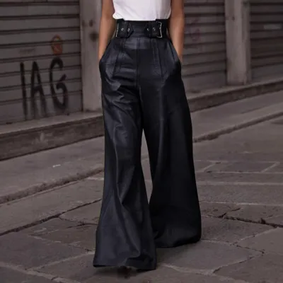 Women Fashion Casual Solid Color Pu Leather High Waist Loose Pocket Flared Pants
