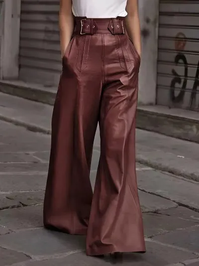 Women Fashion Casual Solid Color Pu Leather High Waist Loose Pocket Flared Pants