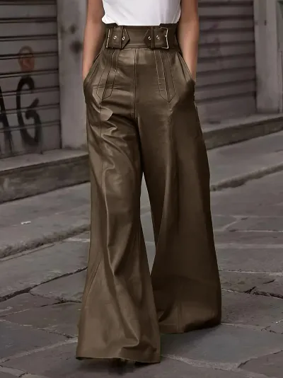 Women Fashion Casual Solid Color Pu Leather High Waist Loose Pocket Flared Pants