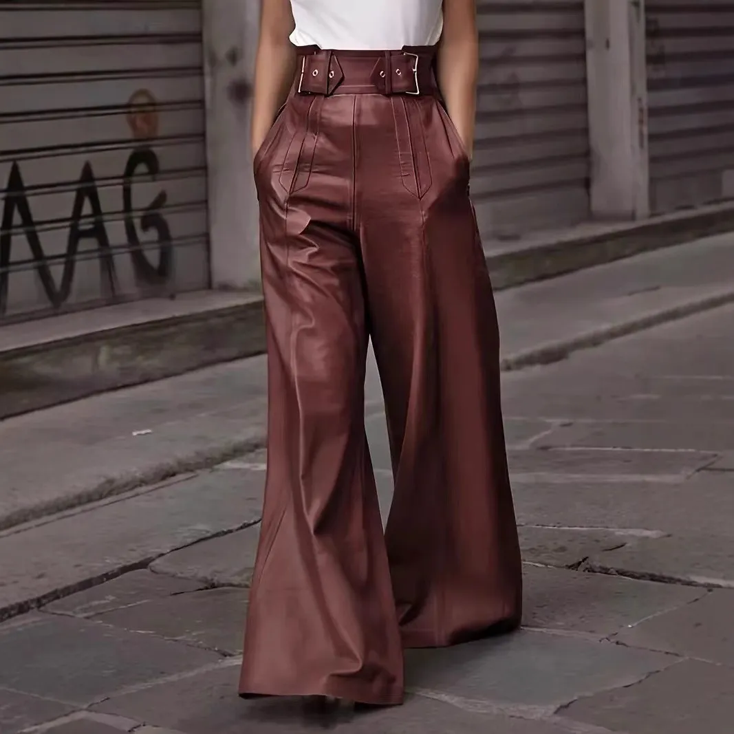 Women Fashion Casual Solid Color Pu Leather High Waist Loose Pocket Flared Pants