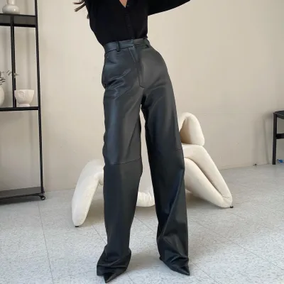 Women Fashion Casual Solid Color Pu Leather High Waist Straight Pants