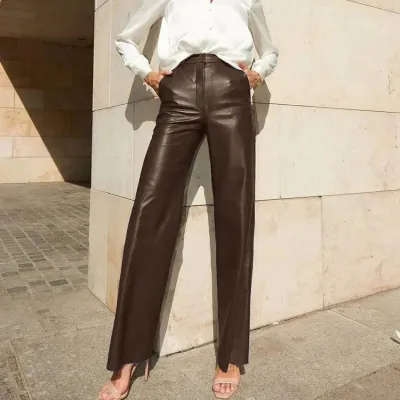 Women Fashion Casual Solid Color Pu Leather High Waist Straight Pants