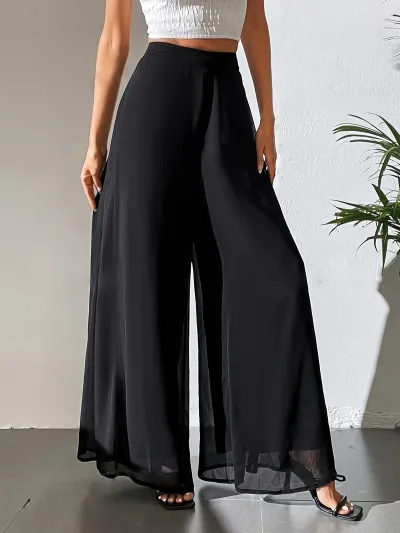 Women Fashion Casual Resortwear Solid Color Chiffon Wide Leg Pants