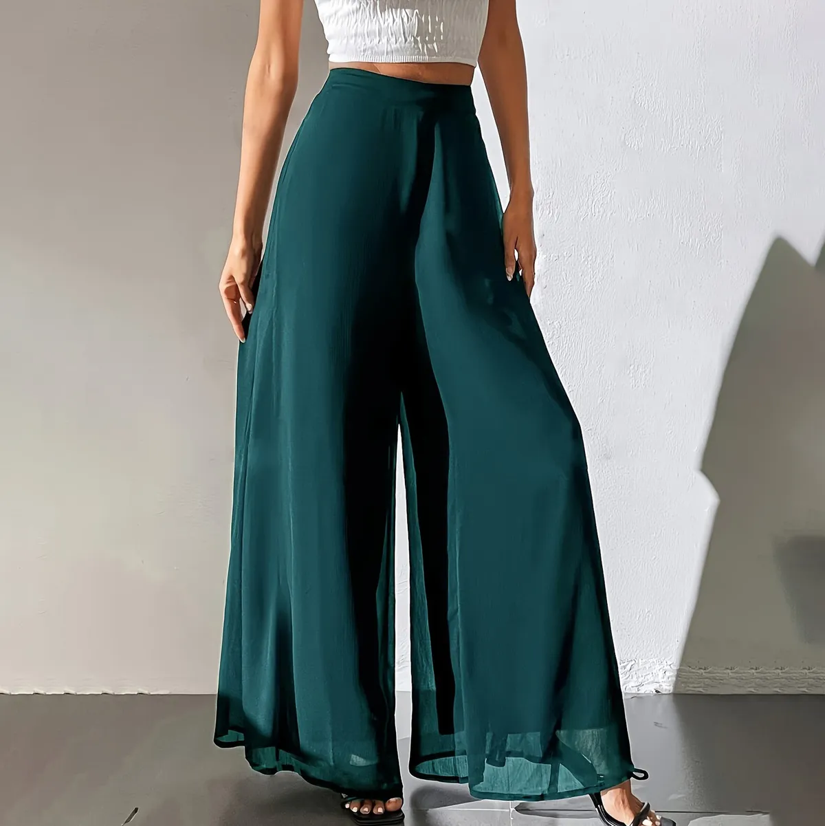 Women Fashion Casual Resortwear Solid Color Chiffon Wide Leg Pants