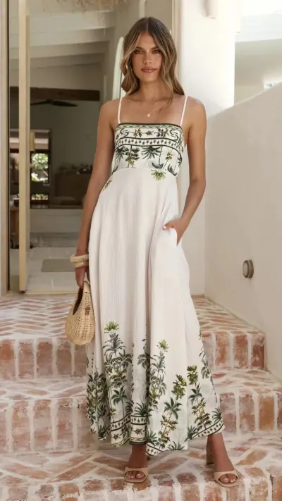 Summer Vacation Bohemian Women Casual Print Sling Maxi Dress