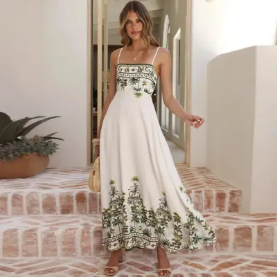 Summer Vacation Bohemian Women Casual Print Sling Maxi Dress