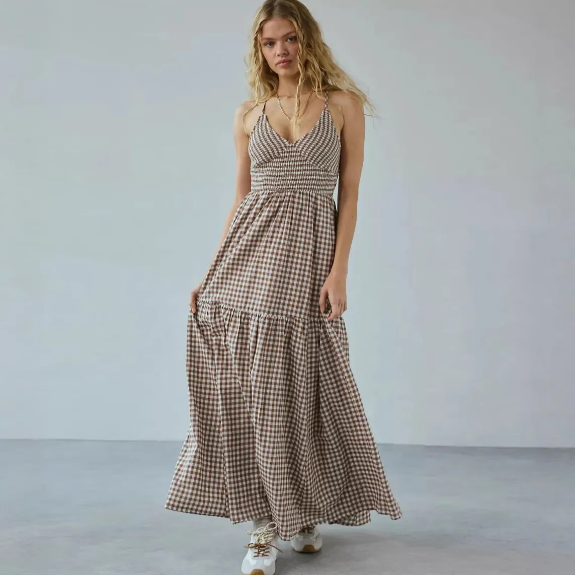 Summer Vacation Women Casual Vintage Plaid Print Sling Maxi Dress