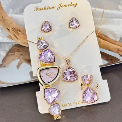 Women's Fashion Multicolor Rhinestone Irregular Shaped Watch with Necklace Earrings Jewelry Set
