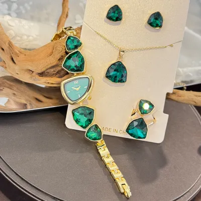 Women's Fashion Multicolor Rhinestone Irregular Shaped Watch with Necklace Earrings Jewelry Set