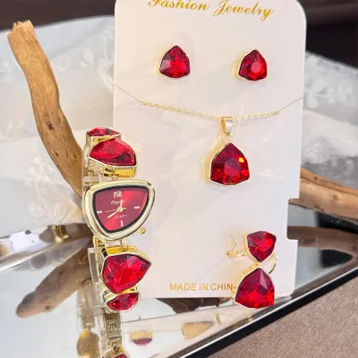 Women's Fashion Multicolor Rhinestone Irregular Shaped Watch with Necklace Earrings Jewelry Set