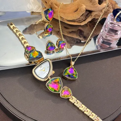 Women's Fashion Multicolor Rhinestone Irregular Shaped Watch with Necklace Earrings Jewelry Set