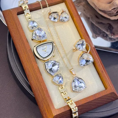 Women's Fashion Multicolor Rhinestone Irregular Shaped Watch with Necklace Earrings Jewelry Set