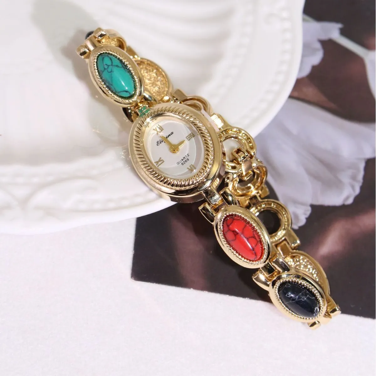 Women Fashion Turquoise Alloy Oval Watch Leisure Casual Style