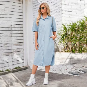 Women Fashion Casual Washed Lapel Short-Sleeve Loose Denim Dress