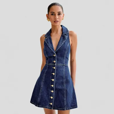 Women Fashion Elegant Solid Color Lapel Sleeveless Single-Breasted Slim-Fit Denim Dress