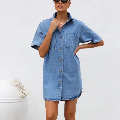 Women Fashion Casual Solid Color Lapel Short-Sleeve Loose Denim Dress