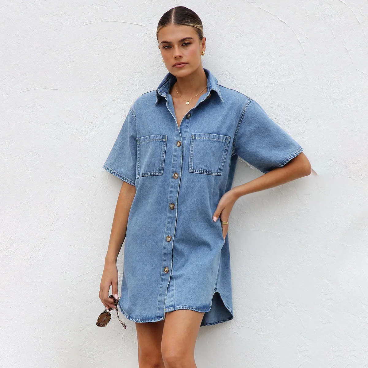 Women Fashion Casual Solid Color Lapel Short-Sleeve Loose Denim Dress
