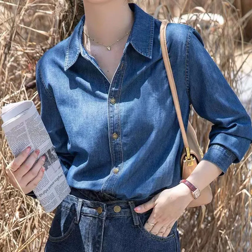 Women Fashion Casual Simple Solid Color Lapel Long Sleeve Soft Denim Shirt
