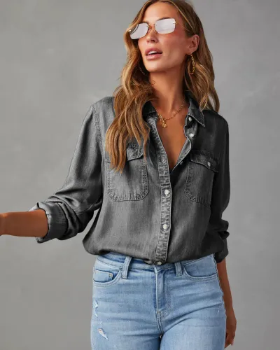 Women Fashion Casual Simple Solid Color Lapel Long Sleeve Denim Shirt