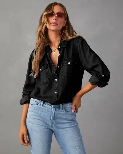 Women Fashion Casual Simple Solid Color Lapel Long Sleeve Denim Shirt