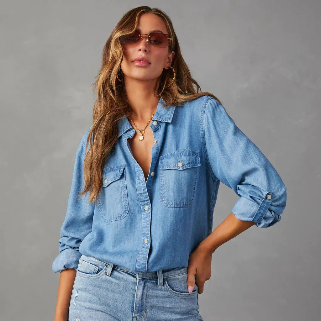 Women Fashion Casual Simple Solid Color Lapel Long Sleeve Denim Shirt