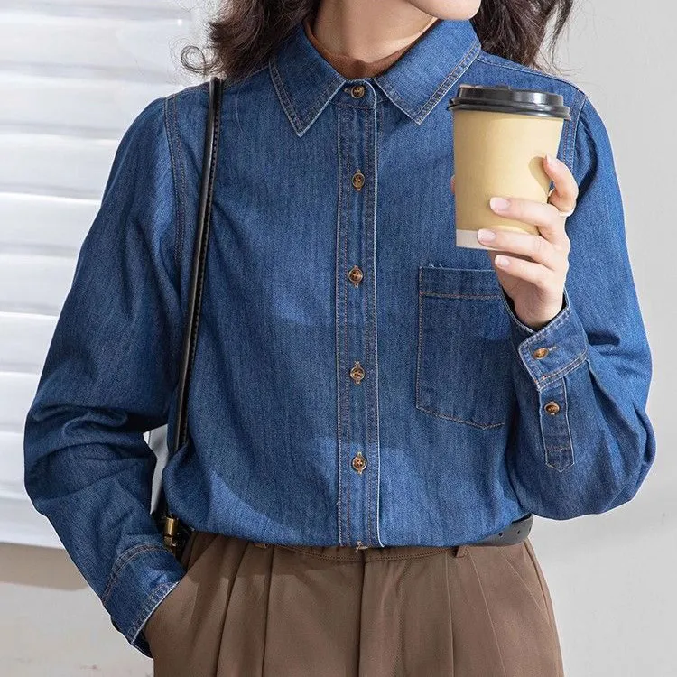 Women Fashion Casual Solid Color Lapel Long-Sleeve Denim Shirt