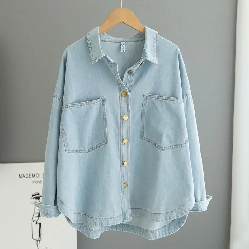 Women Fashion Casual Lapel Long-Sleeve Loose Denim Shirt