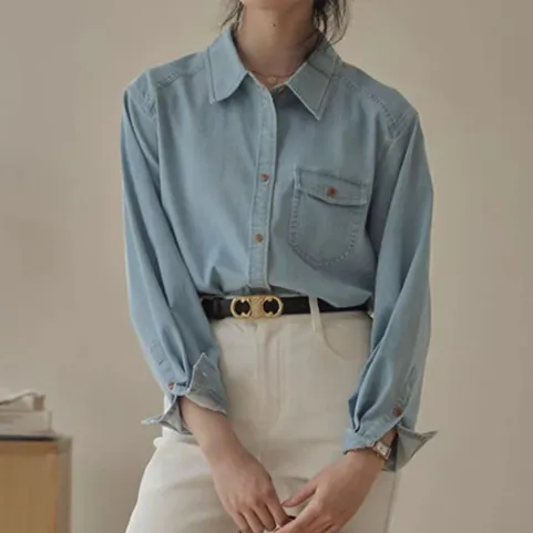Women Fashion Casual Retro Solid Color Lapel Long-Sleeve Loose Denim Shirt