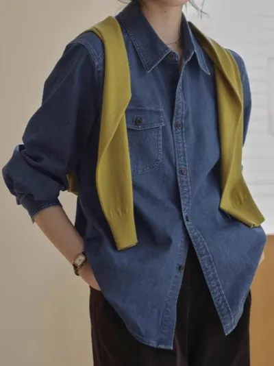Women Fashion Casual Retro Solid Color Lapel Long-Sleeve Loose Denim Shirt