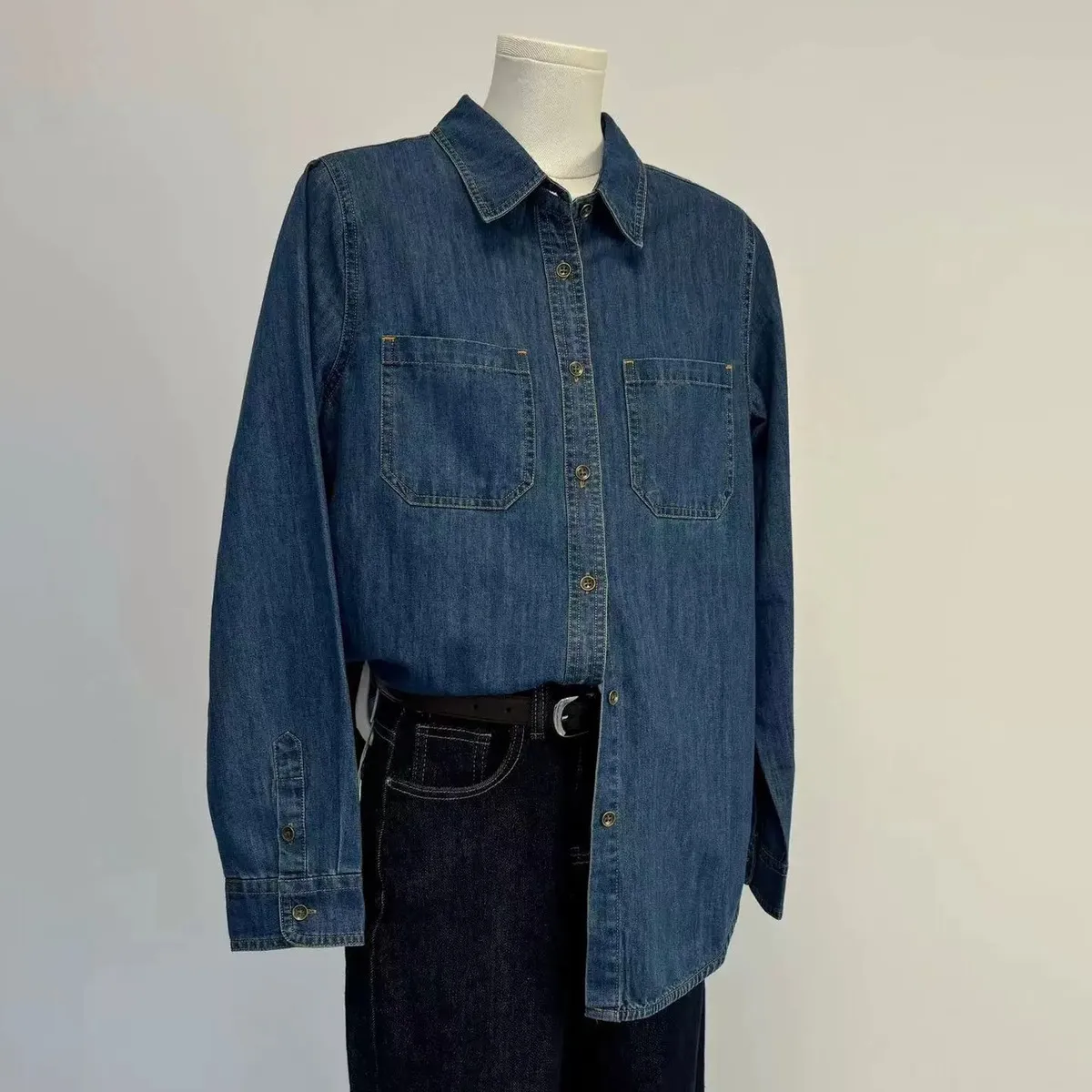 Women Fashion Casual Retro Lapel Long-Sleeve Soft Denim Shirt
