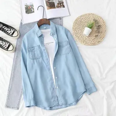 Women Fashion Casual Spring And Spring Solid Color Lapel Long-Sleeve Loose Thin Denim Shirt