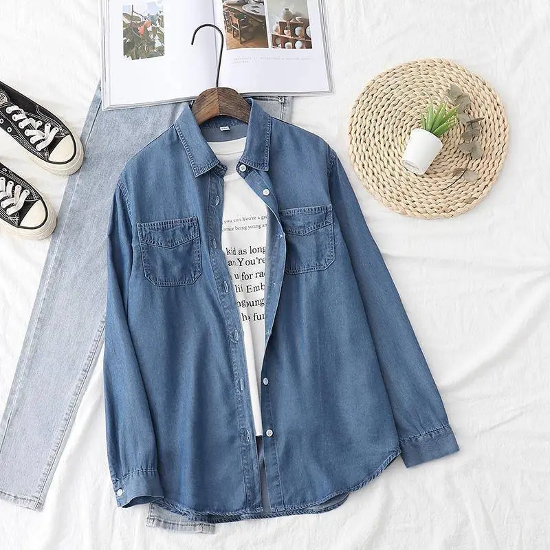 Women Fashion Casual Spring And Spring Solid Color Lapel Long-Sleeve Loose Thin Denim Shirt