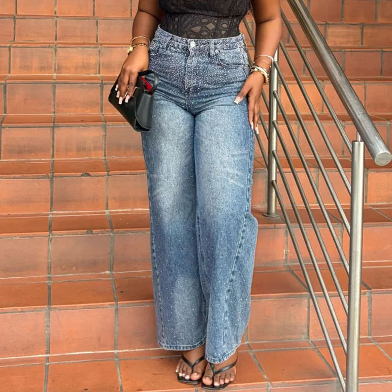 Women Fashion Casual Rhinestone Washed High Waist Straight Jeans