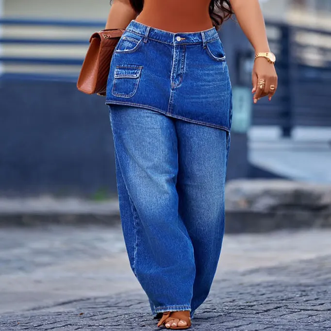 Women Fashion Casual Stitching High Waist Straight Pants
