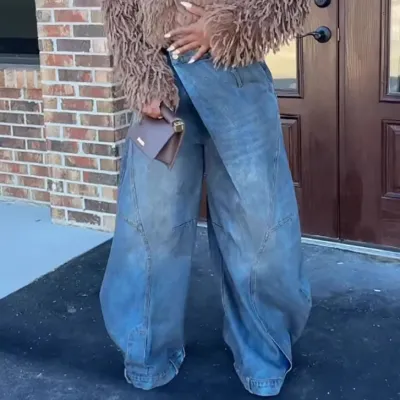 Women Fashion Casual Retro Washed Wide Leg Jeans