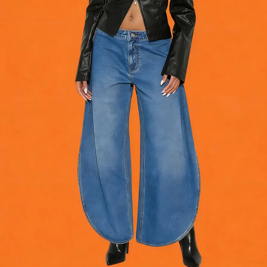 Women Fashion Casual High Waist Slit Scimitar Wide Leg Jeans