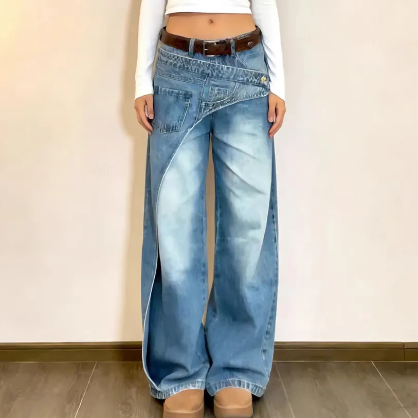 Women Fashion Casual Creative Irregular Straight Jeans