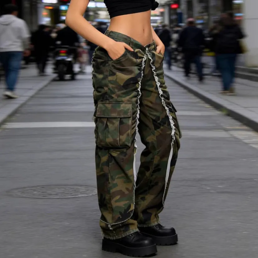 Women Fashion Casual Camouflage Pocket Ruffled Edge Cargo Jeans
