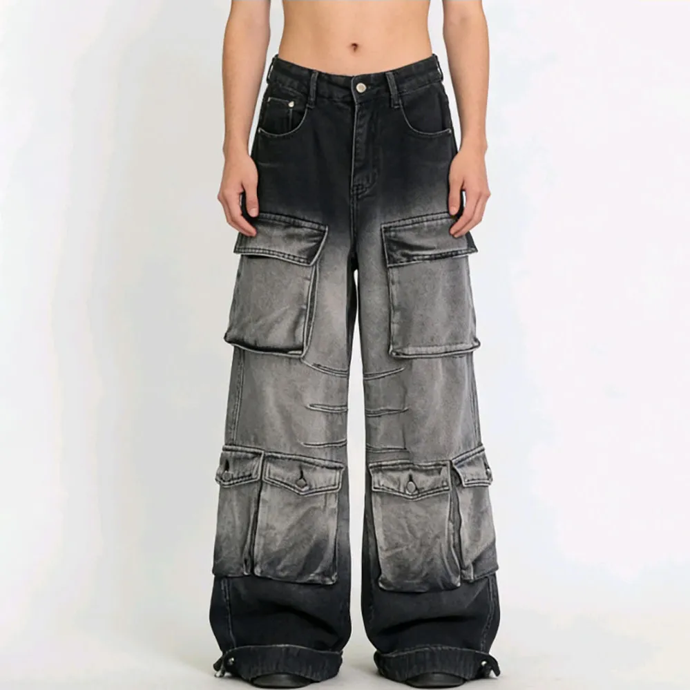 Women Fashion Casual Gradient Multi-Pocket Straight Cargo Jeans