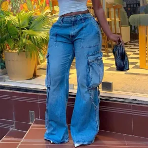 Women Fashion Casual High Waist Multi-Pocket Cargo Jeans