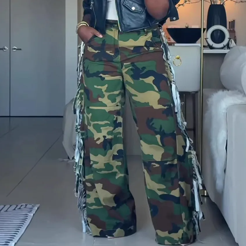 women fashion casual Camouflage tassel  Edge Design Wide Leg Pants
