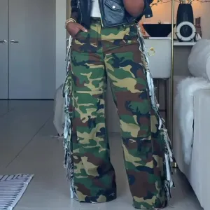 women fashion casual Camouflage tassel  Edge Design Wide Leg Pants