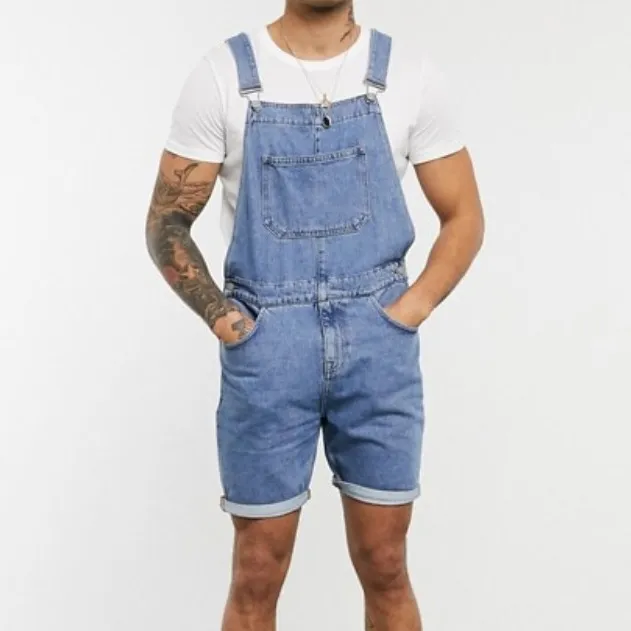 Men Fashion Casual Retro Denim Overalls Shorts Mid-Waist Straight Leg Cotton