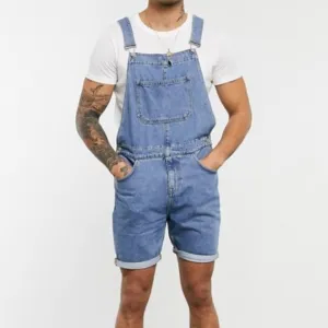 Men Fashion Casual Retro Denim Overalls Shorts Mid-Waist Straight Leg Cotton
